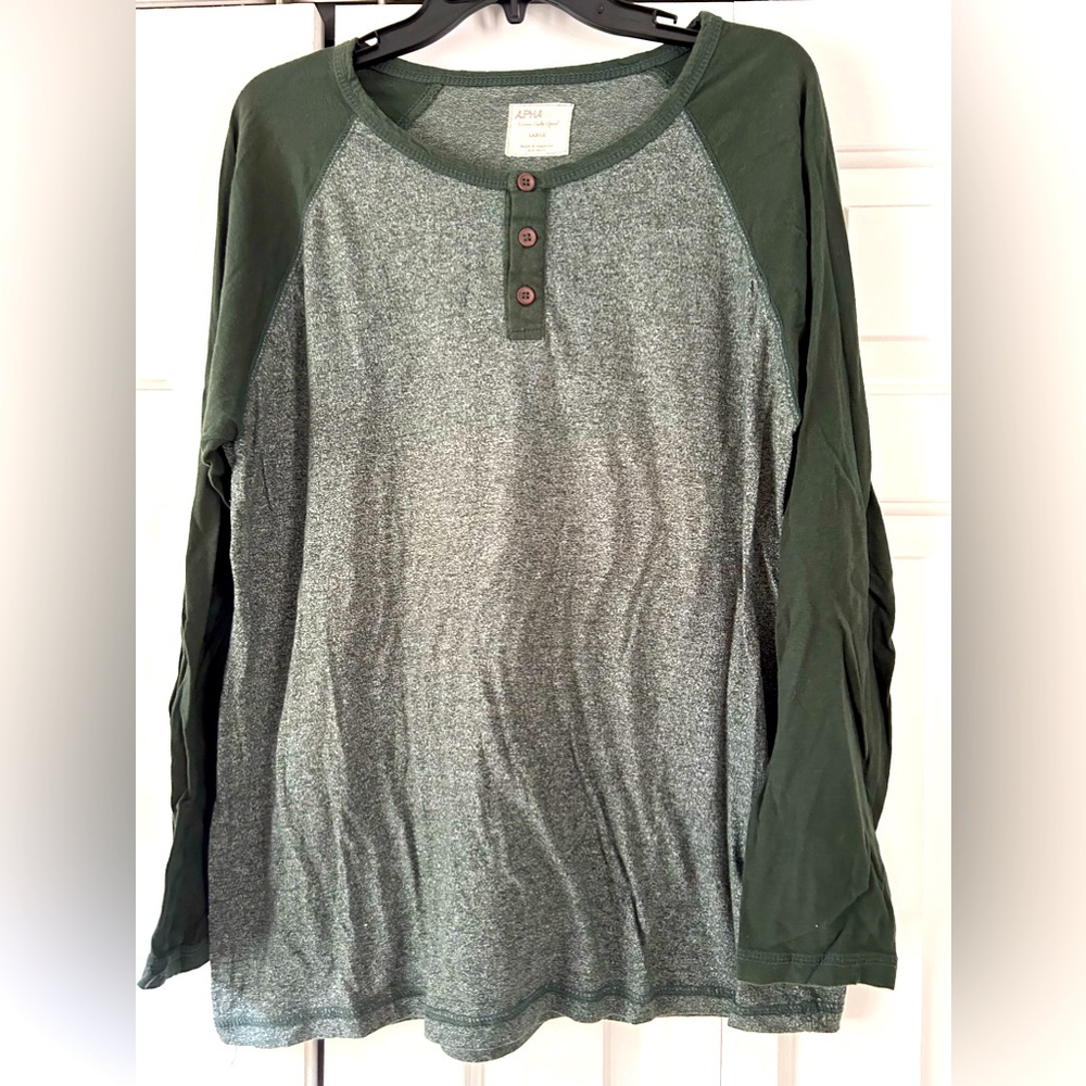 Alpha Beta Men’s Long Sleeve Henley Color Block Heather Shirt Large Green